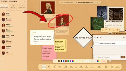 Connect visual elements to characters, locations, or other story elements. This helps link inspiration directly to your novel