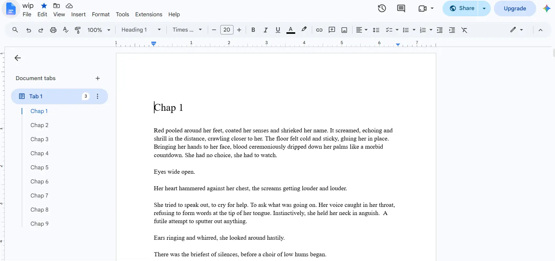 Novel manuscript in Google Docs using heading styles and chapter tabs