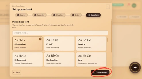 “WriteO Book Designer base font settings for choosing the book’s main typeface.”