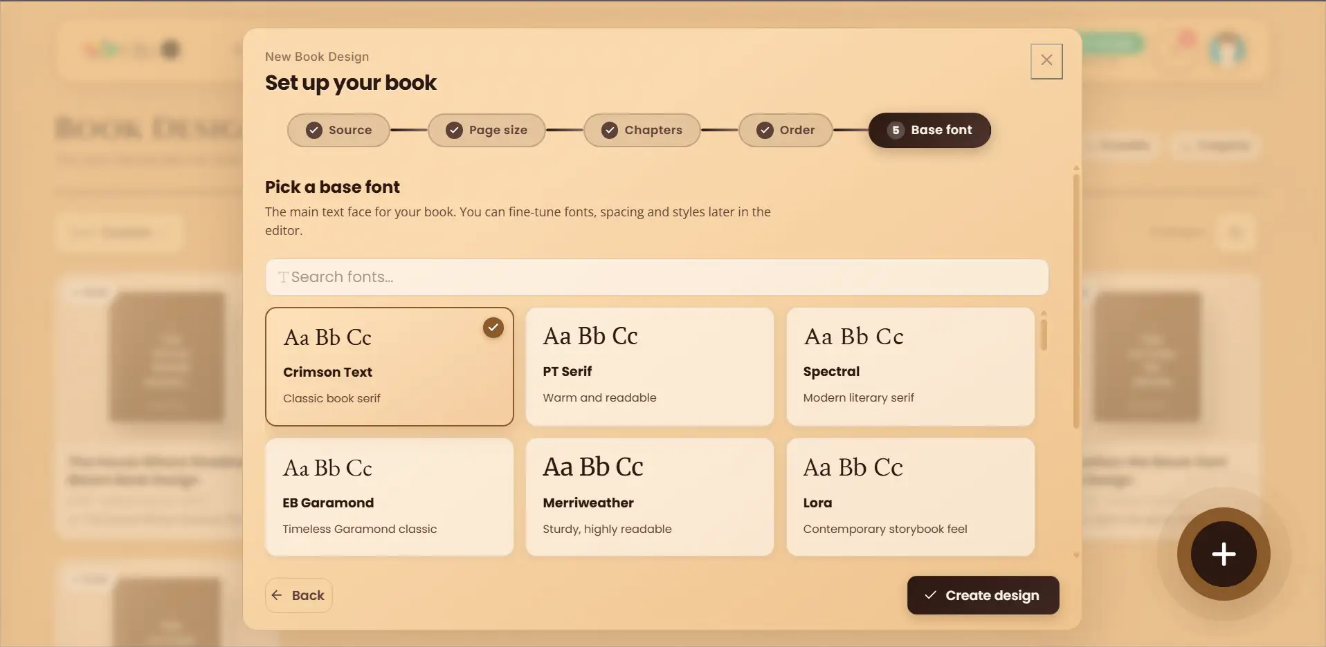 WriteO Book Designer base font settings for choosing the book's main typeface.