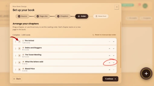“WriteO Book Designer chapter order screen showing the sequence of chapters.”