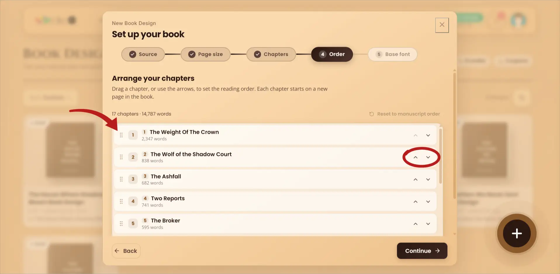 WriteO Book Designer chapter order screen showing the sequence of chapters.