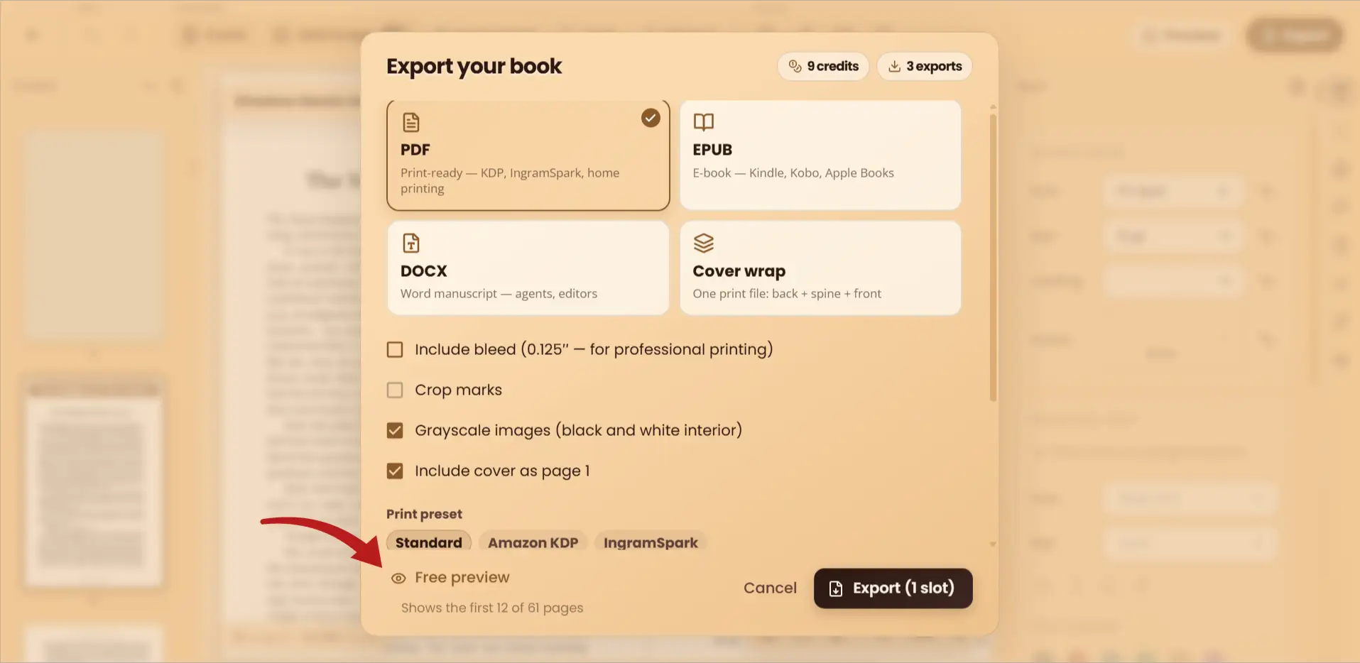 WriteO Book Designer export modal with the free watermarked preview option.