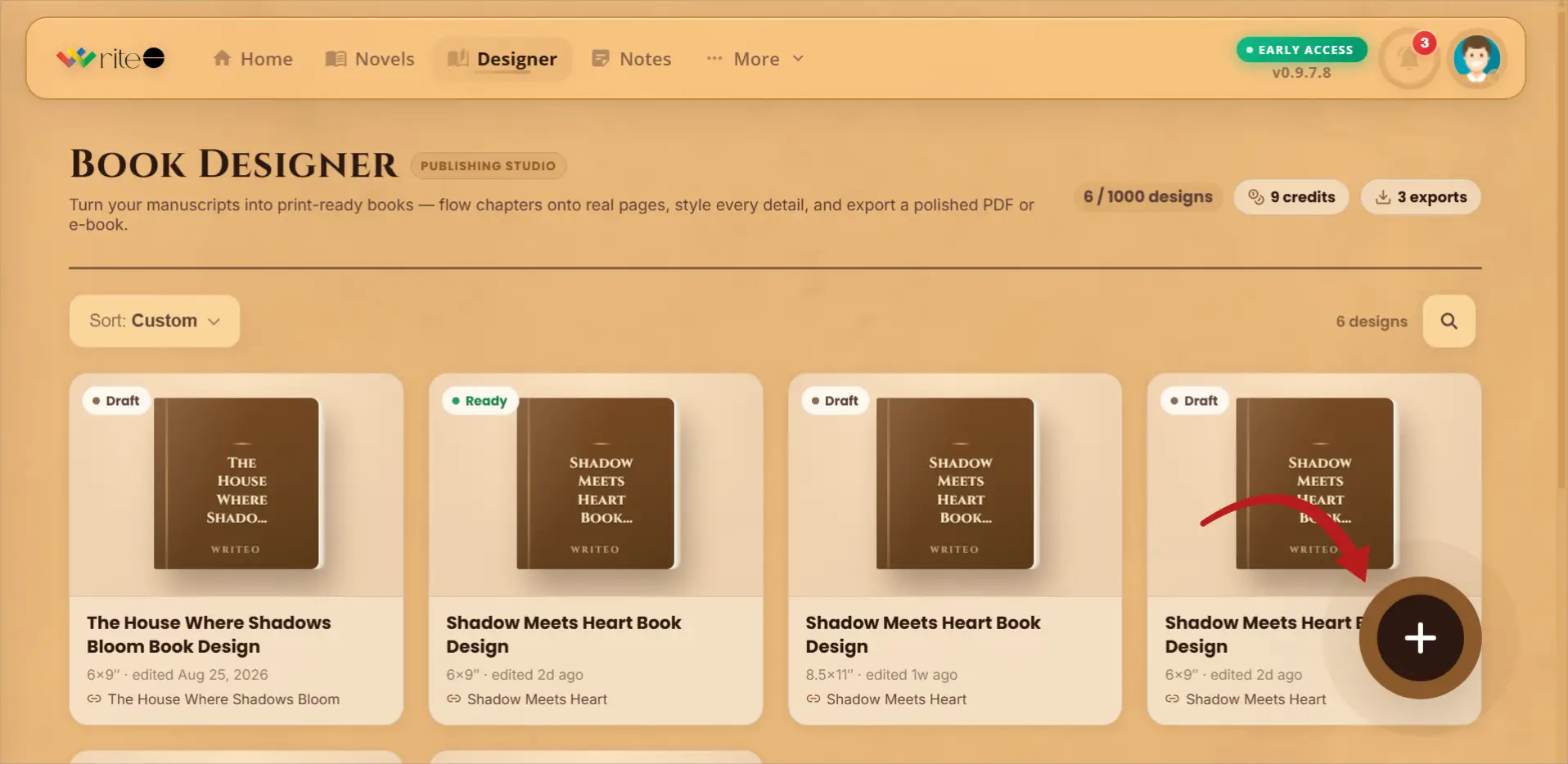 WriteO Book Designer for creating a new book design.