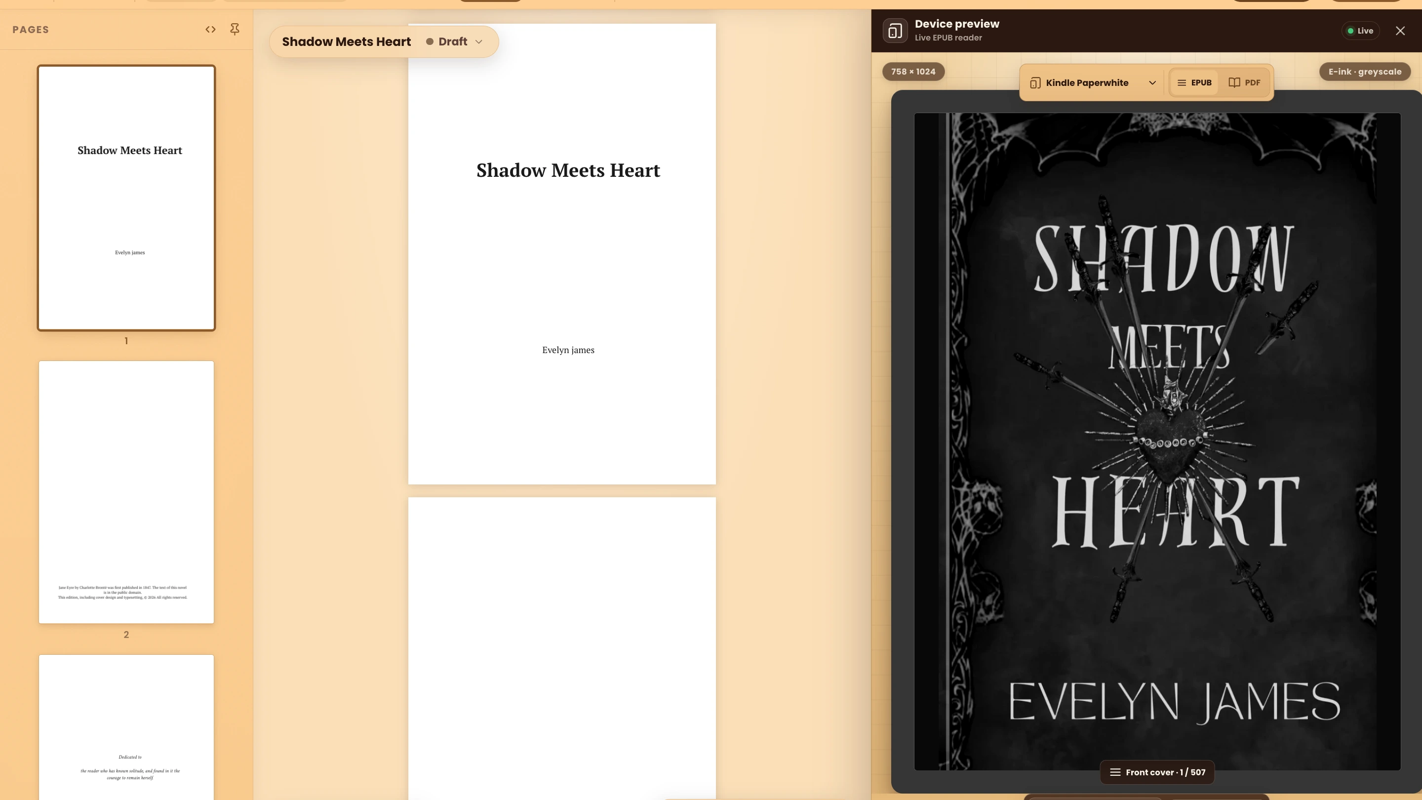  WriteO Book Designer live EPUB preview showing a chapter on a simulated Kindle Paperwhite e-ink screen