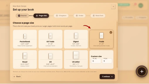 “WriteO Book Designer page size settings for choosing book dimensions.”