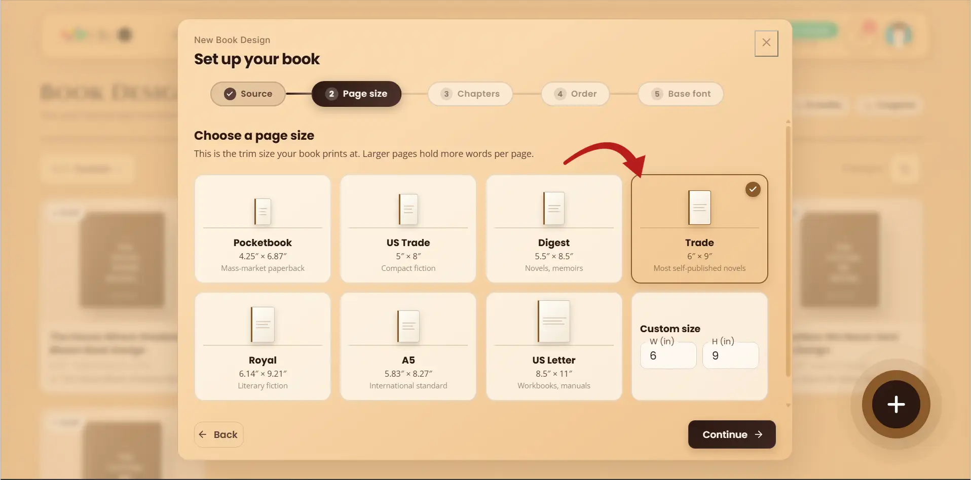 WriteO Book Designer page size settings for choosing book dimensions.