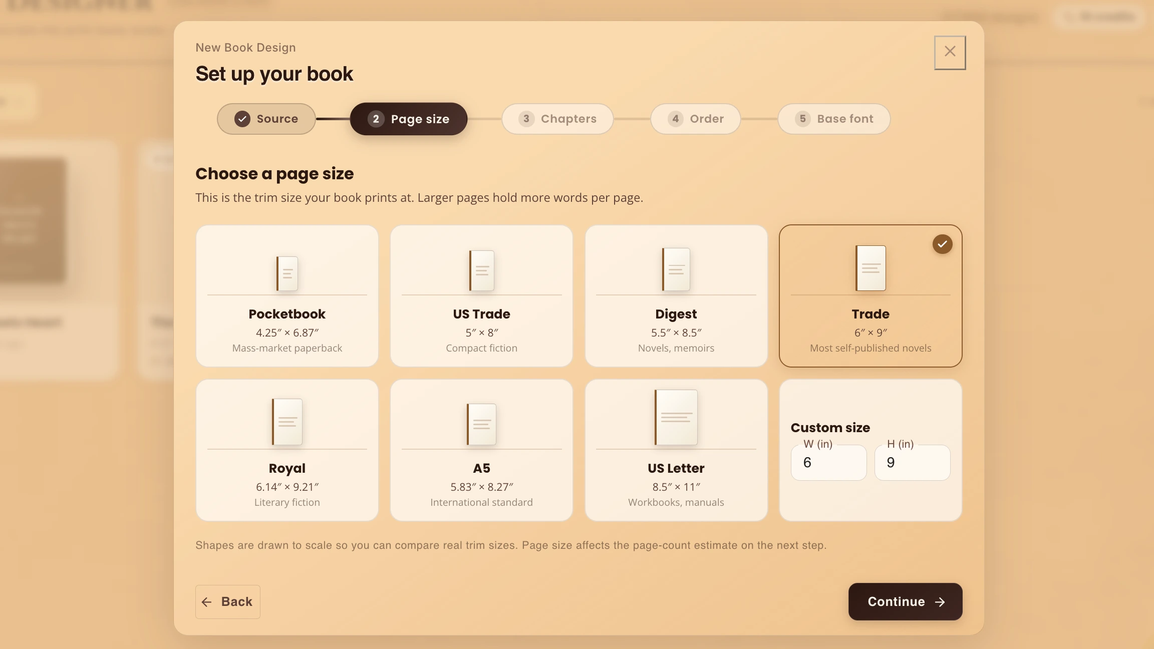 WriteO Book Designer page size step showing book trim sizes including 5x8 US Trade, 5.5x8.5 Digest and 6x9 Trade