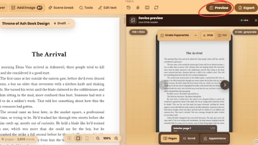 “WriteO Book Designer preview showing a formatted novel as a finished book.”