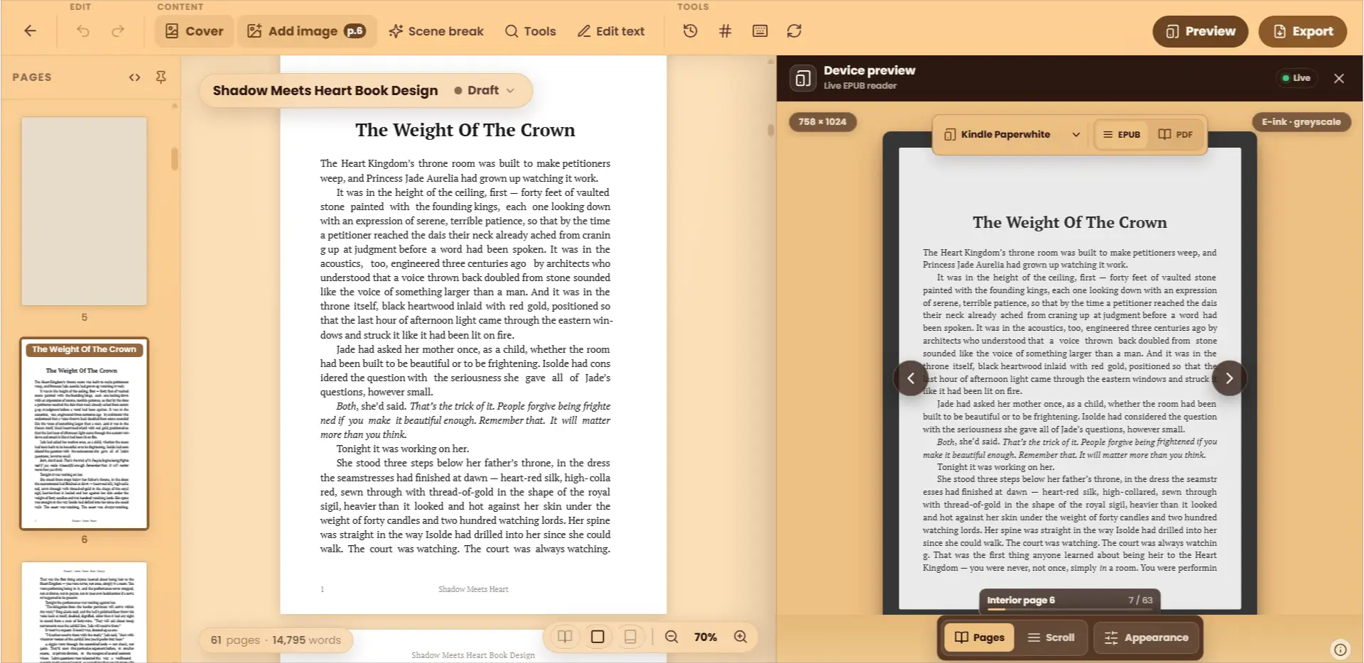 WriteO Book Designer preview showing a formatted novel as a finished book.