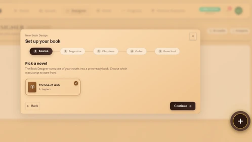 “WriteO Book Designer setup screen where a novel is selected as the book source.”