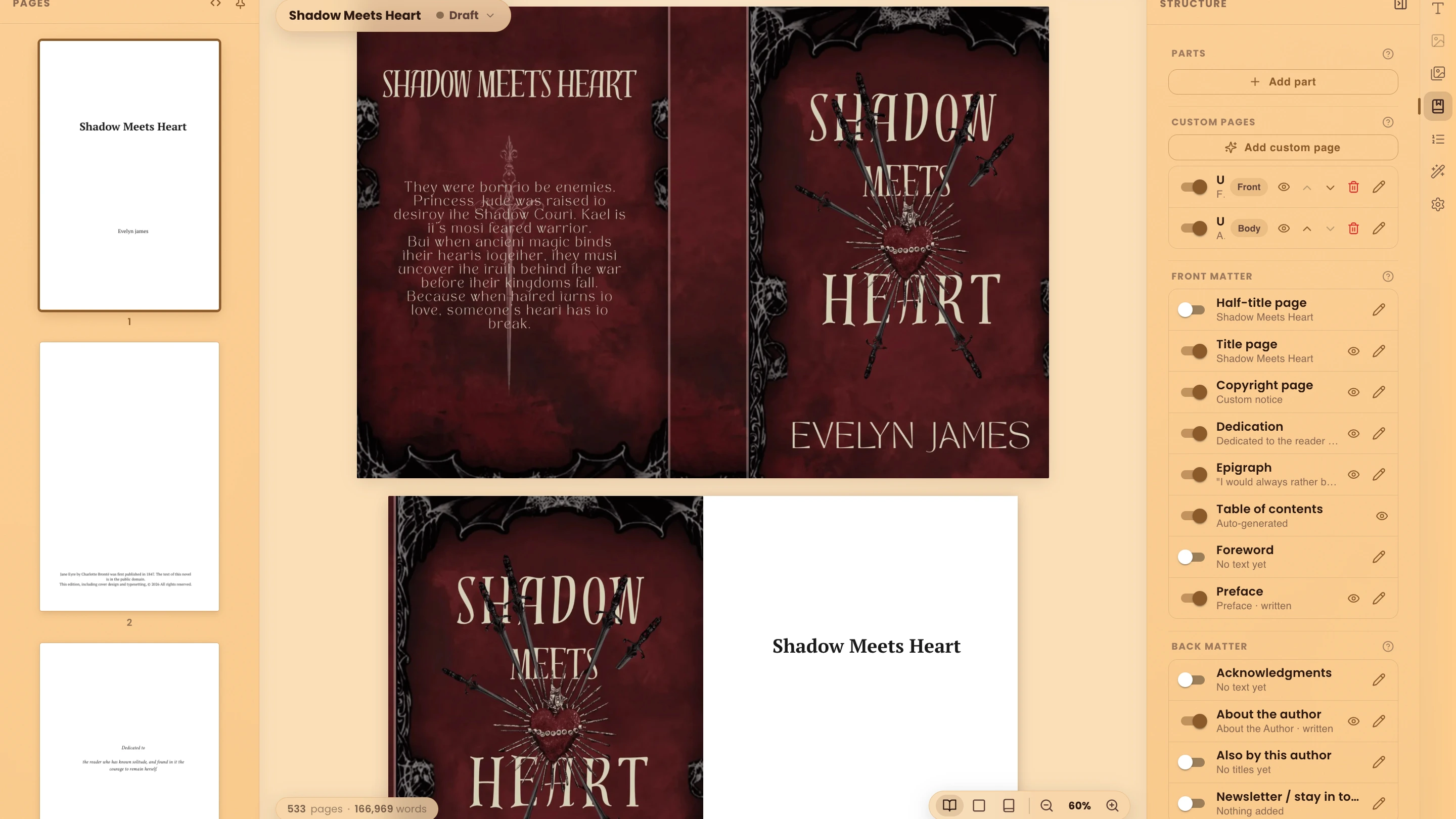 WriteO Book Designer structure panel listing front and back matter pages including title page, copyright page, dedication, table of contents and about