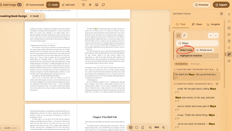 WriteO book search with Match Case enabled