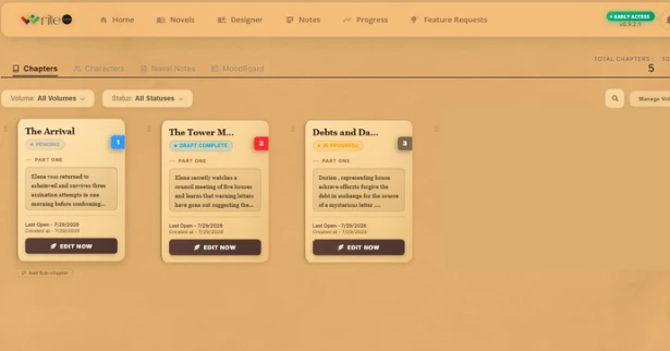 WriteO chapter cards showing Draft, In Progress, and Complete status badges side by side