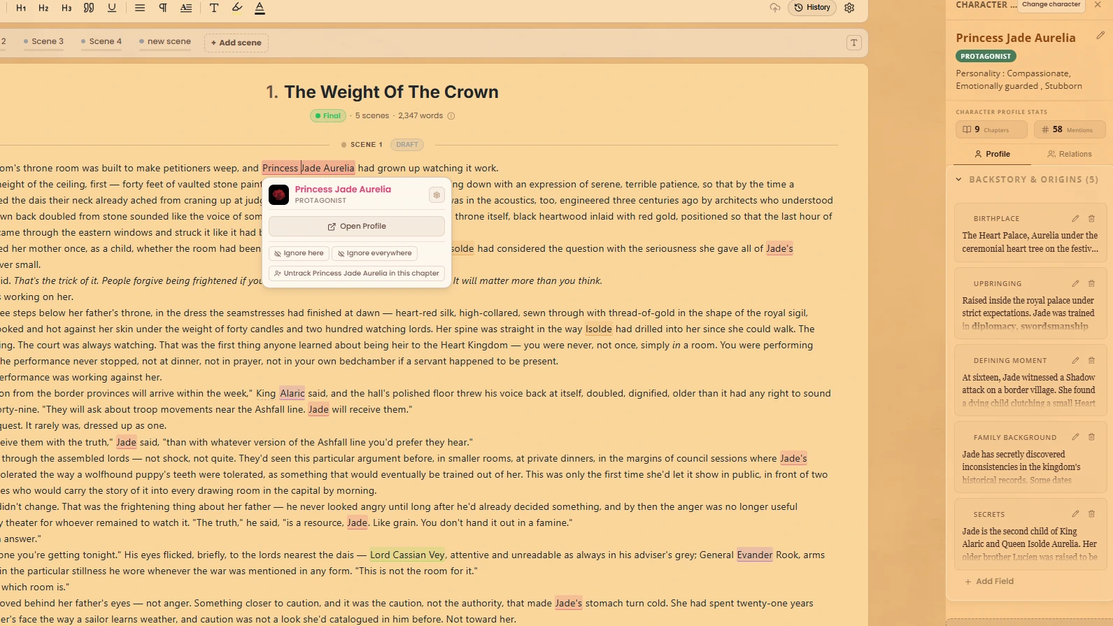 WriteO chapter editor with a character profile open in the side panel next to the draft
