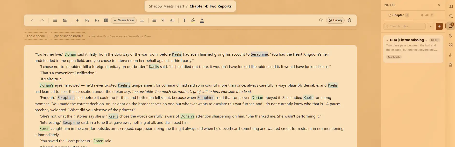 WriteO chapter editor with the notes panel open on the Chapter tab next to the draft