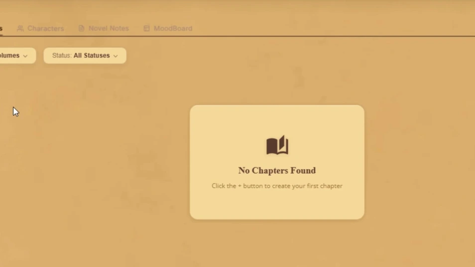 WriteO Chapters view after navigating into a novel from the dashboard