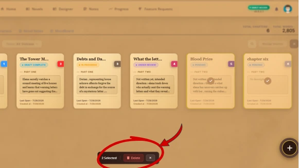 WriteO Chapters view in bulk selection mode with multiple chapters ticked and Delete Selected button visible