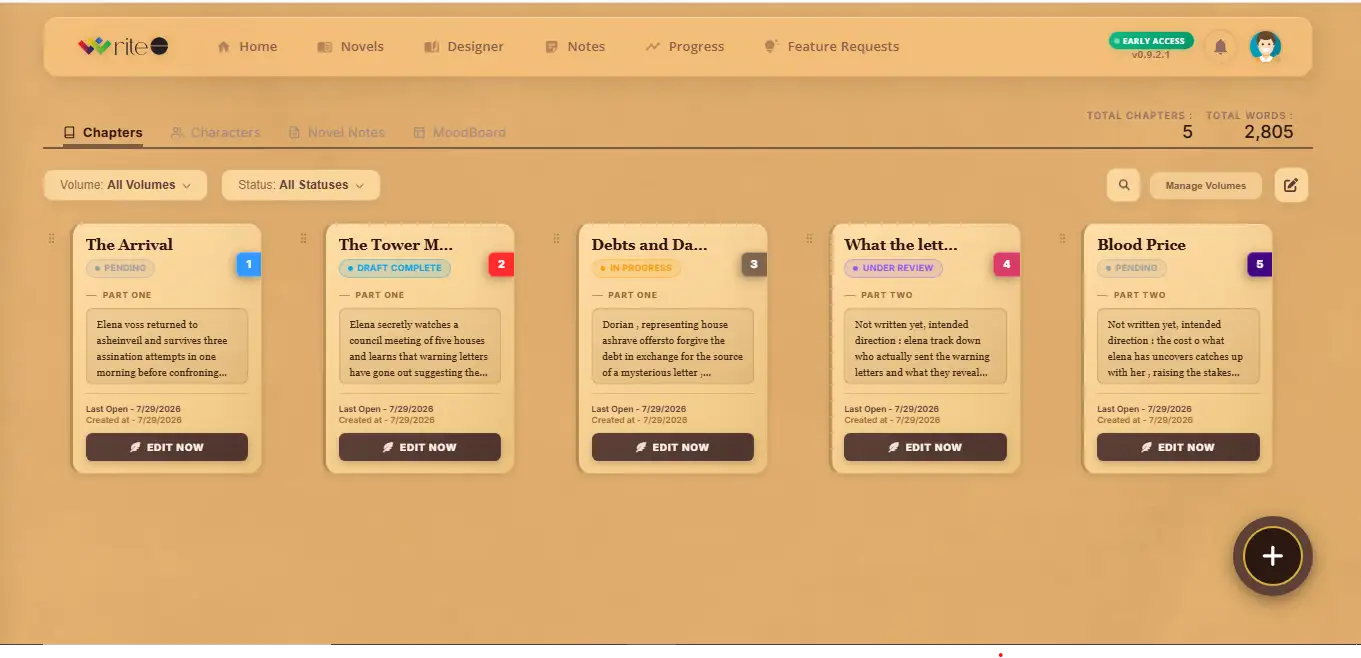 WriteO Chapters view showing multiple chapter cards with titles, word counts, and status badges