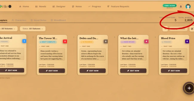 WriteO Chapters view showing the total novel word count at the top of the page