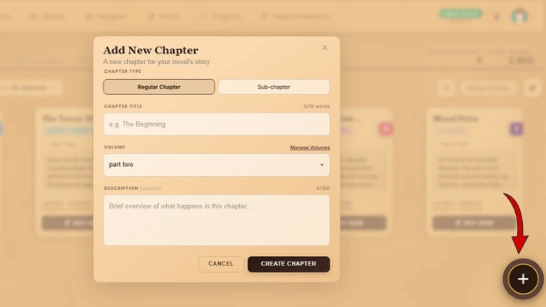 WriteO Chapters view with a newly added chapter card and its title field active