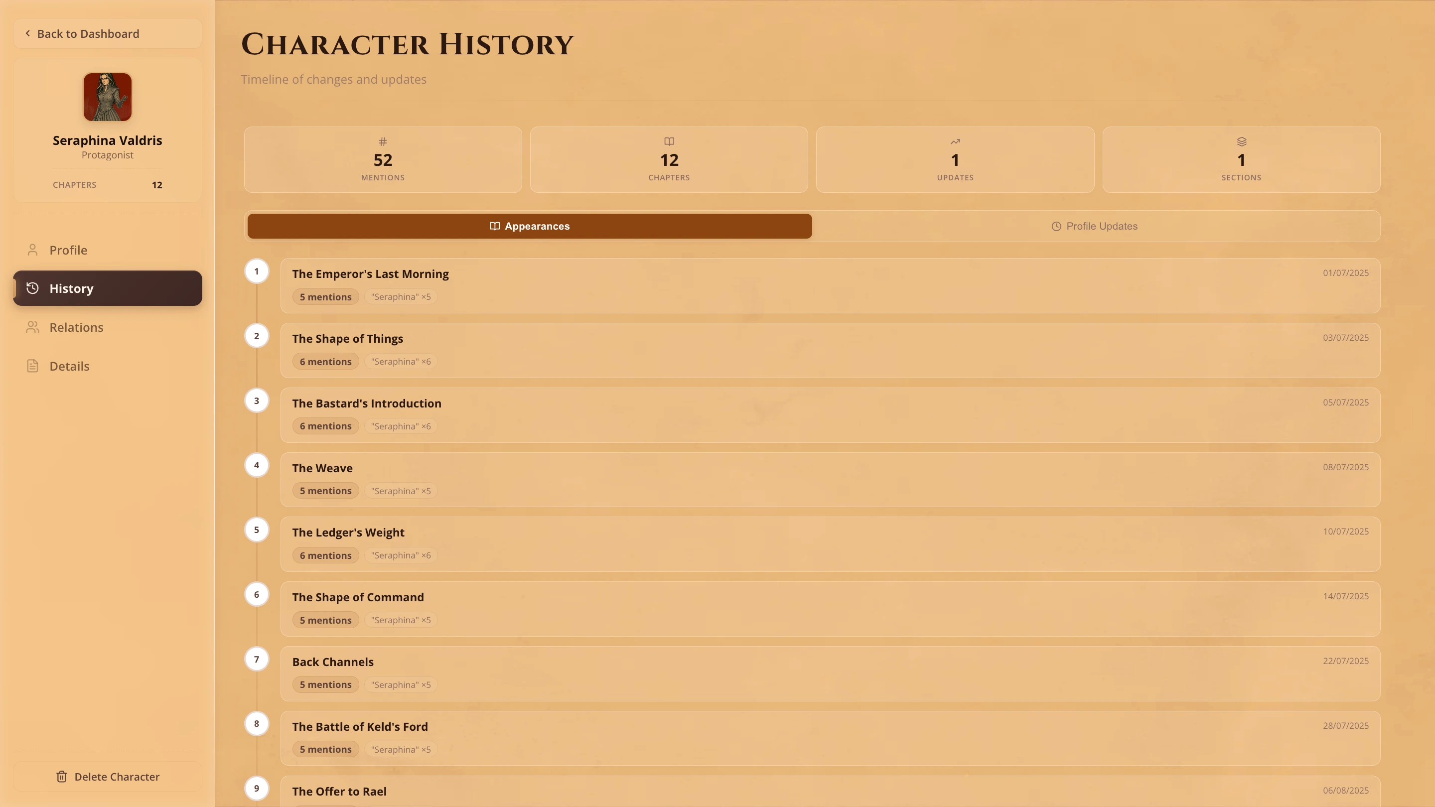 Writeo character history timeline showing logged belief changes with chapter tags and timestamps across a draft