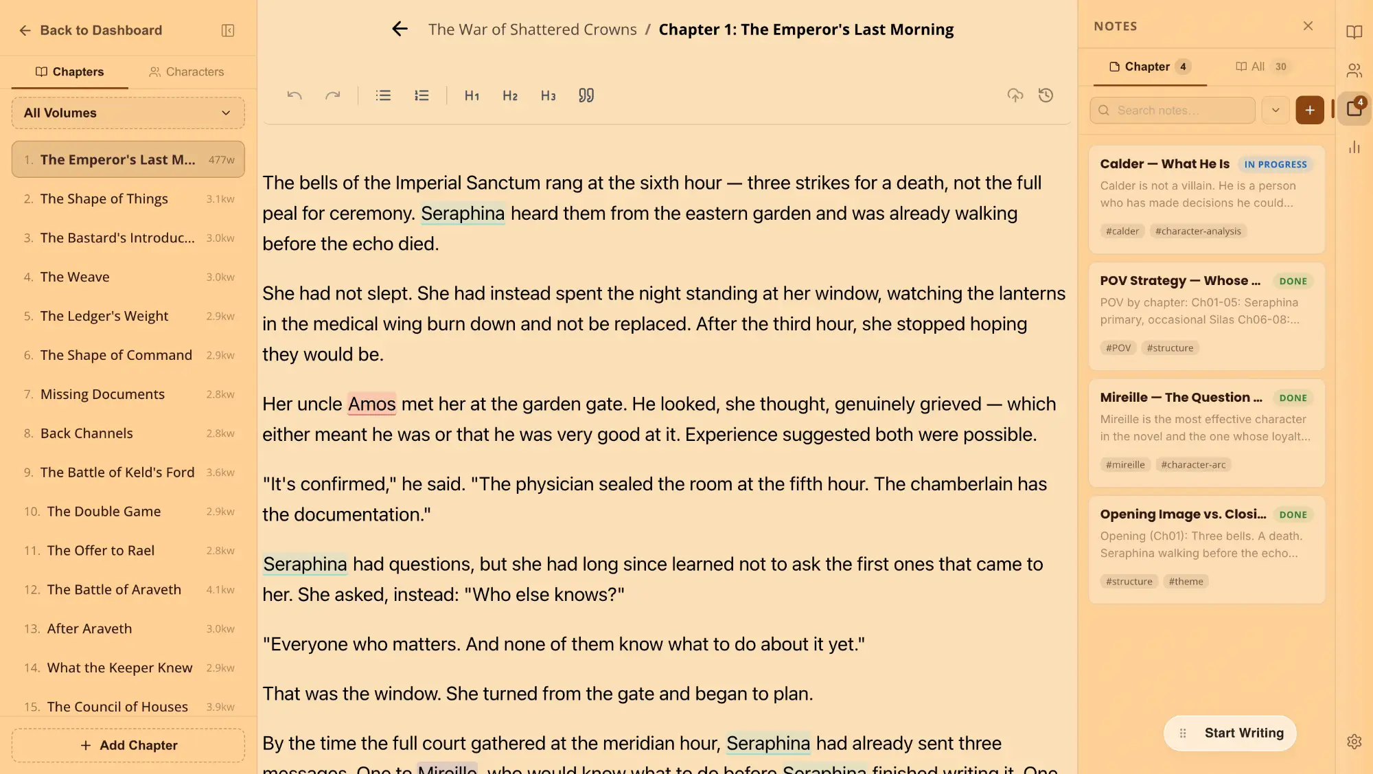 Writeo character profile and world notes sitting inside the same tool as the manuscript showing low friction story bible setup
