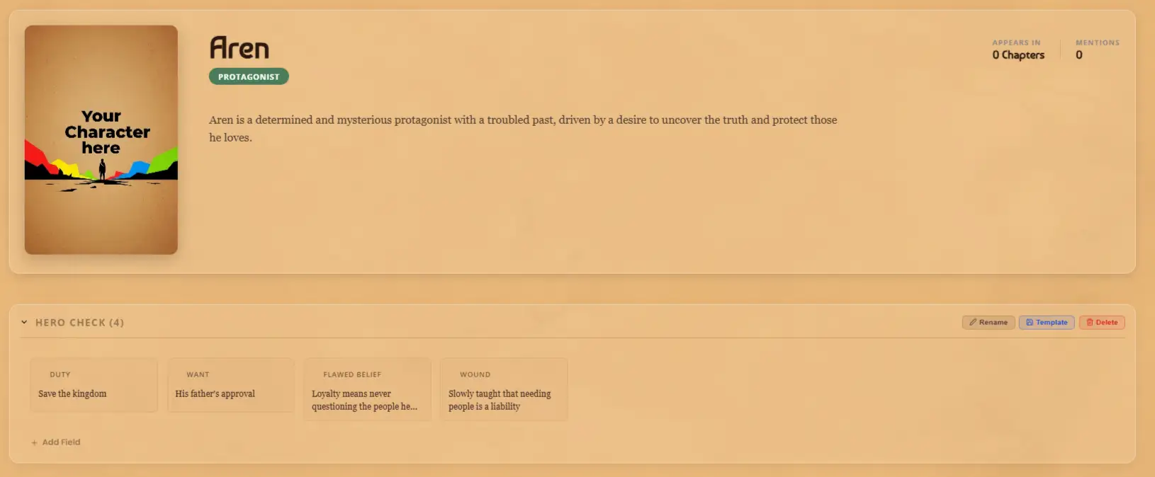WriteO character profile with a custom Hero Check section showing the hero's duty, want, flawed belief and wound