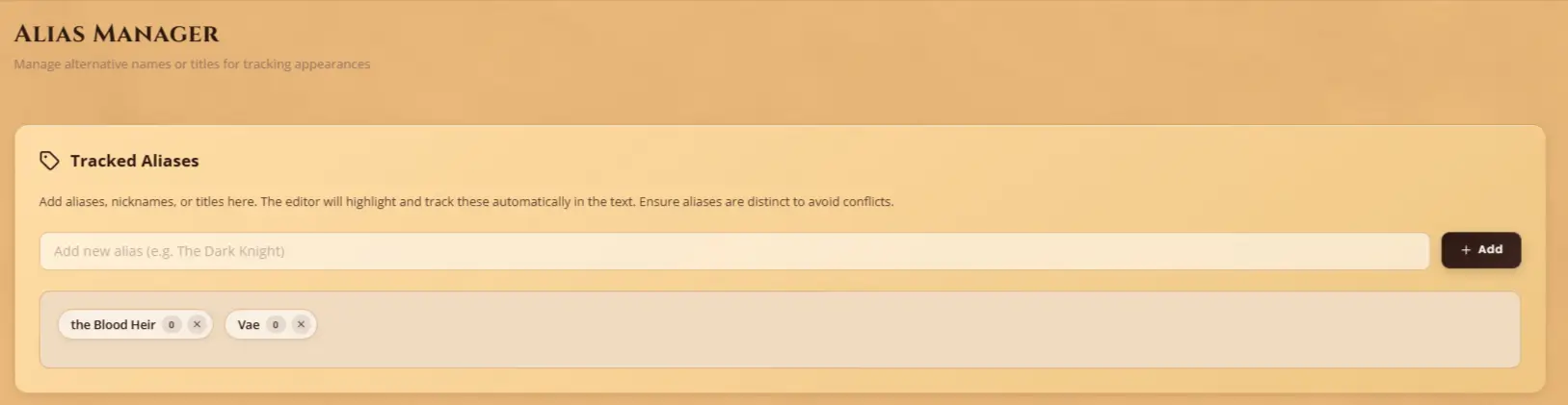 WriteO character profile showing a fantasy name's aliases
