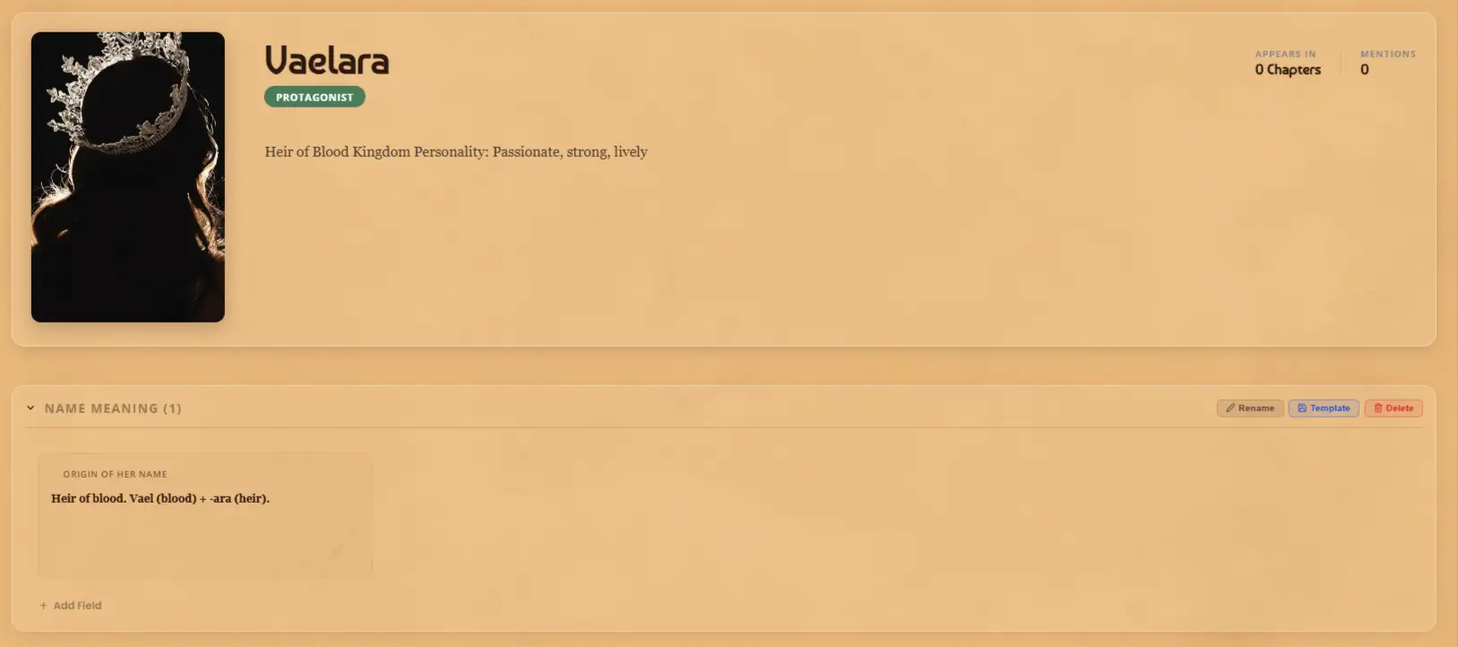 WriteO character profile showing a fantasy name's meaning
