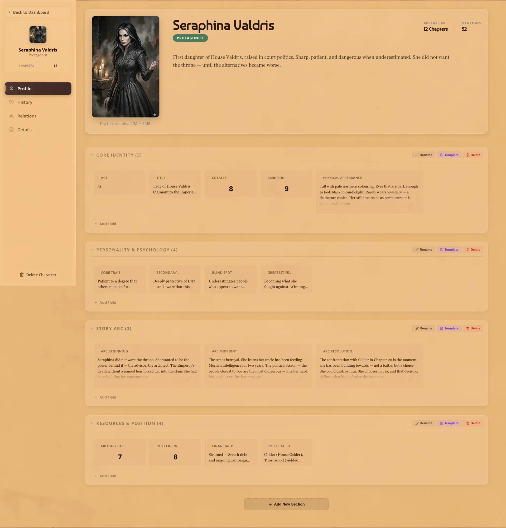 Writeo character profile showing Core Identity, Personality and Psychology, Story Arc, and Resources and Position sections for a fantasy protagonist
