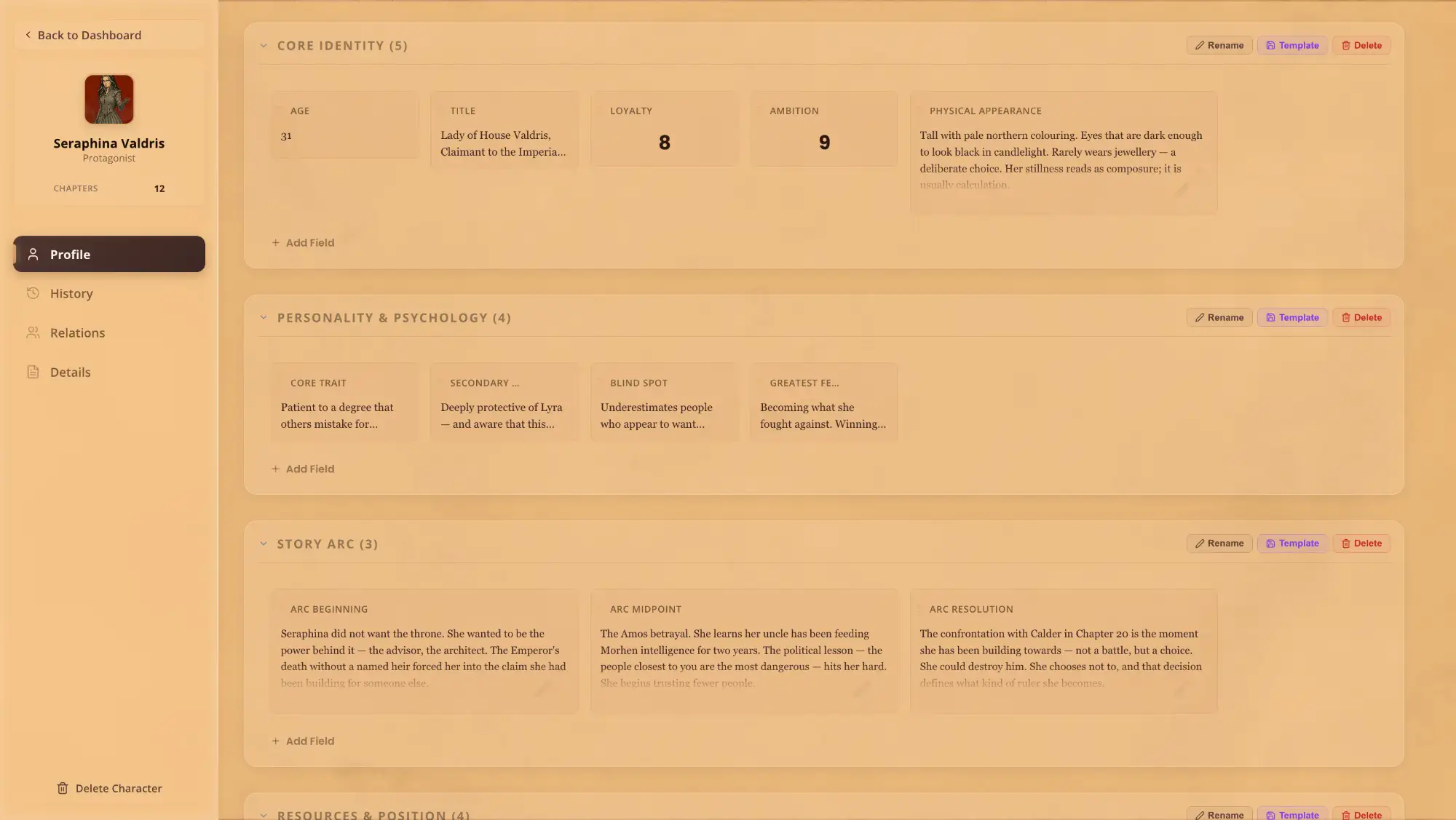 Writeo character profile showing custom sections including starting belief, source wound, and current arc position fields

Caption