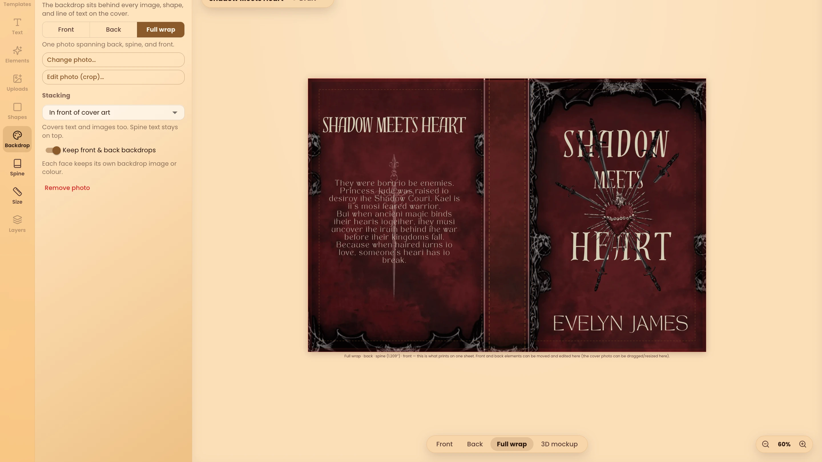 WriteO Cover Designer showing front cover, spine and back cover with print guides.