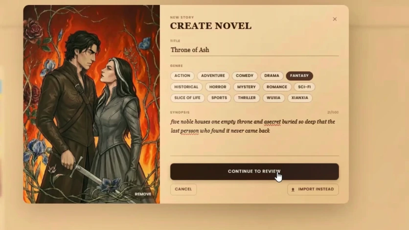 WriteO cover image upload area inside novel settings with an image applied
