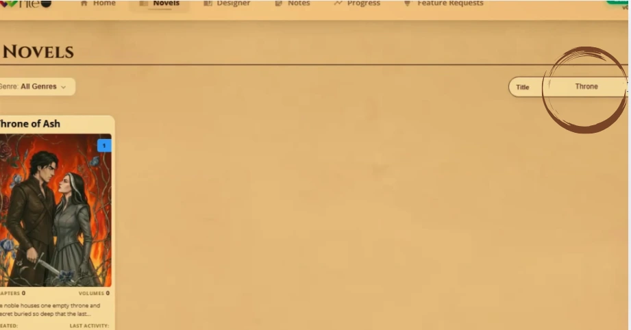 WriteO dashboard search bar with a query typed and a filtered novel result showing below
