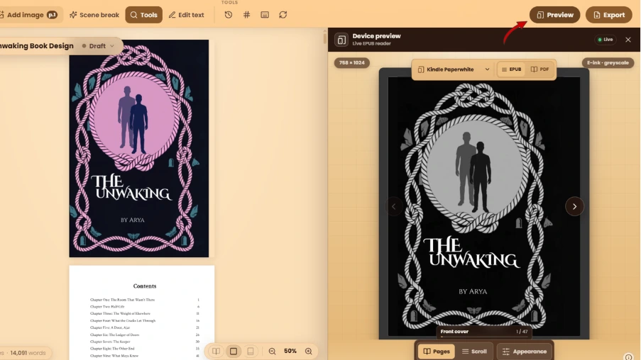 WriteO device preview showing a book on a simulated Kindle Paperwhite screen