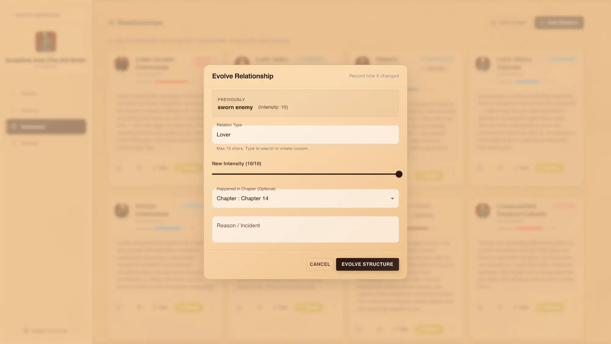 Writeo evolve relationship modal showing chapter-tagged relationship shift log for slow burn arc tracking