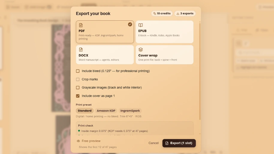 WriteO export modal showing PDF, EPUB and DOCX export options