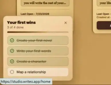 WriteO Getting Started Checklist showing completed and pending onboarding milestones
