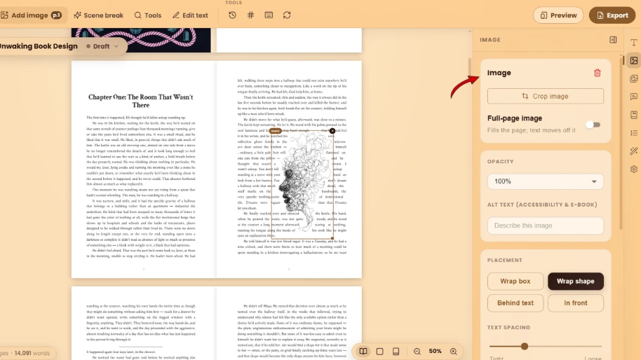 WriteO image inspector showing image placement, fit and alt text options.