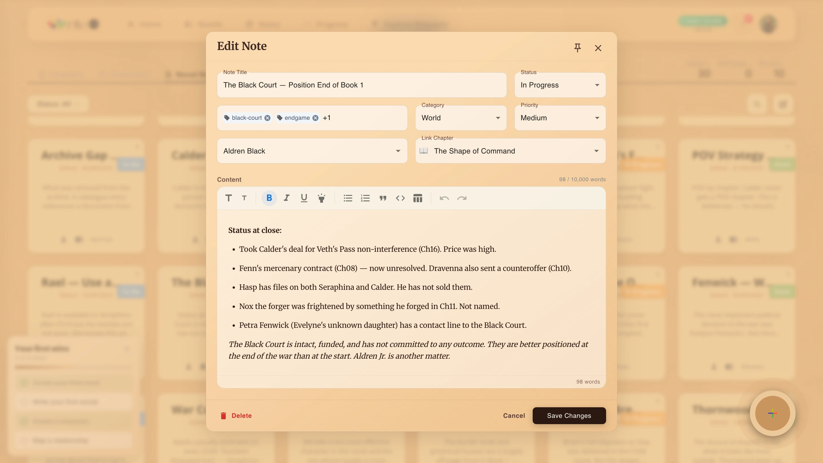 Writeo in-editor Notes panel showing chapter-specific and novel-wide notes pinned beside the writing canvas in dark mode.