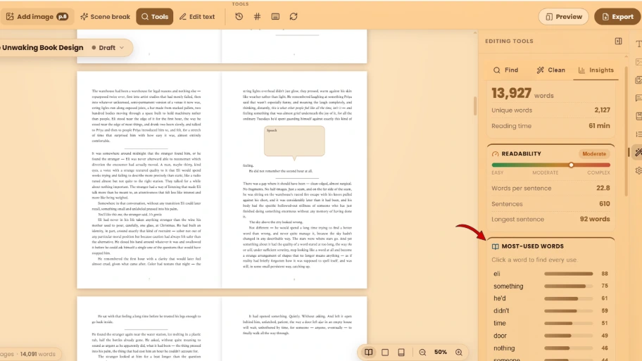 WriteO Insights panel showing word counts, most-used words and adverb use.