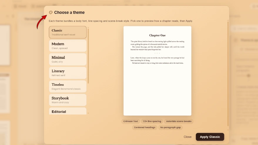 WriteO interior theme picker showing book typography themes.