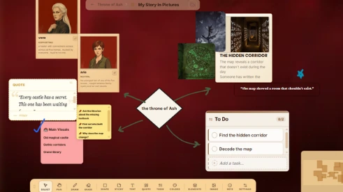 WriteO Moodboard with related images, notes, and references arranged into organized groups.