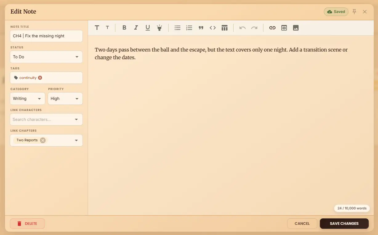 WriteO notes editor with a chapter note showing its title, status, tags, category, priority and chapter link