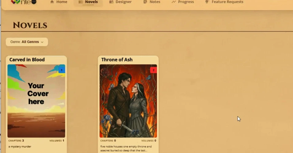 WriteO novel card showing a newly created novel with genre badge and word count