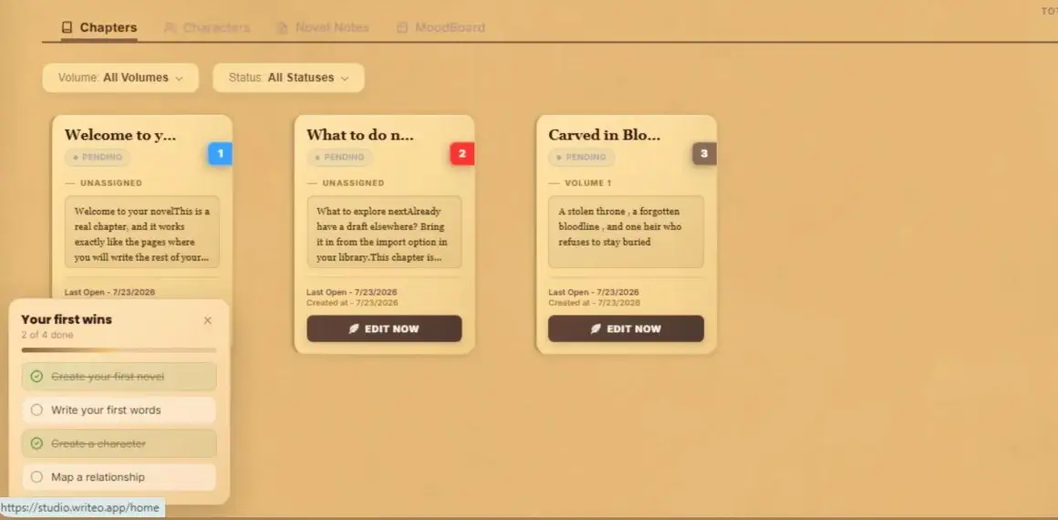 WriteO novel page showing the novel title after being renamed