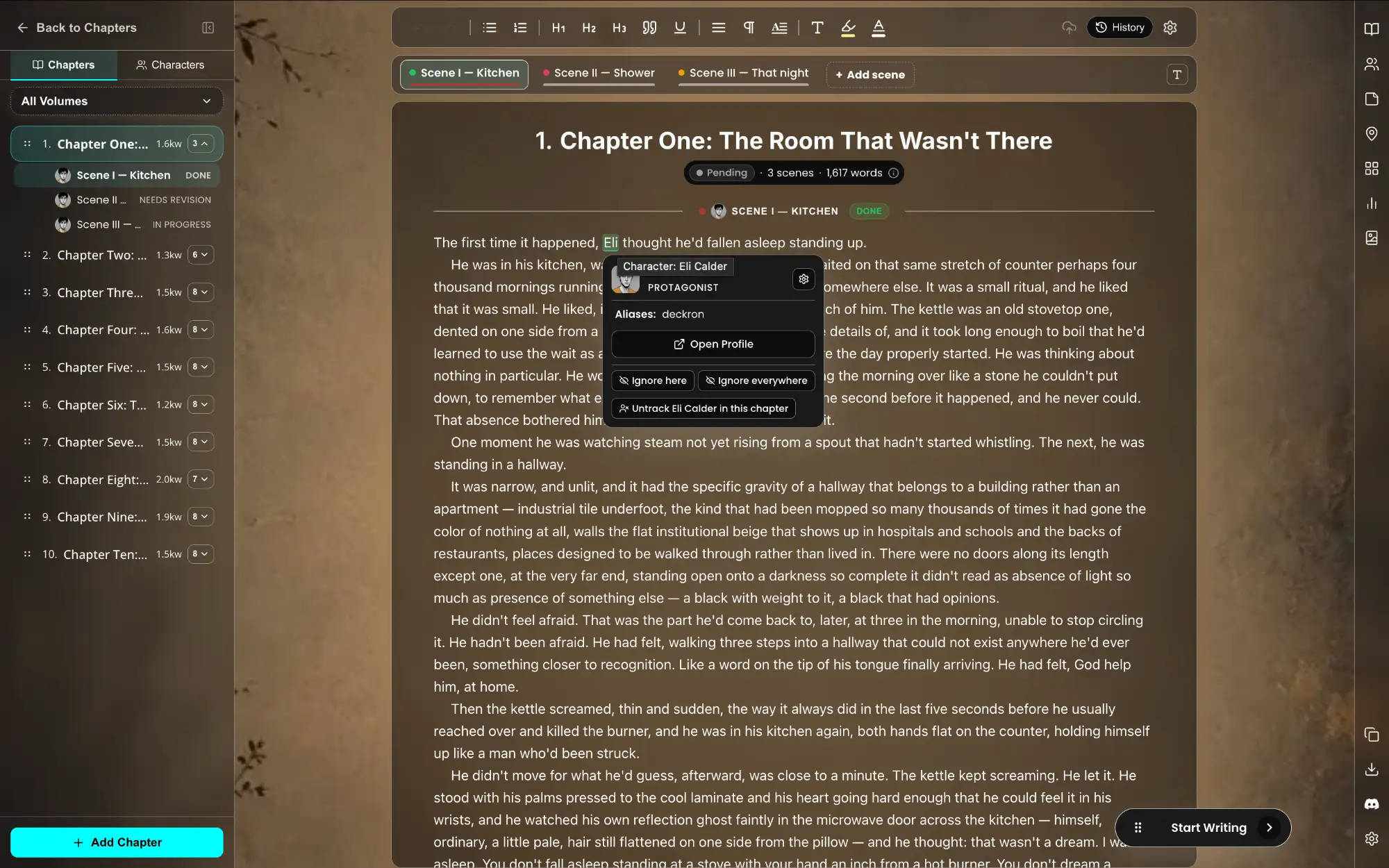WriteO novel writing software chapter editor