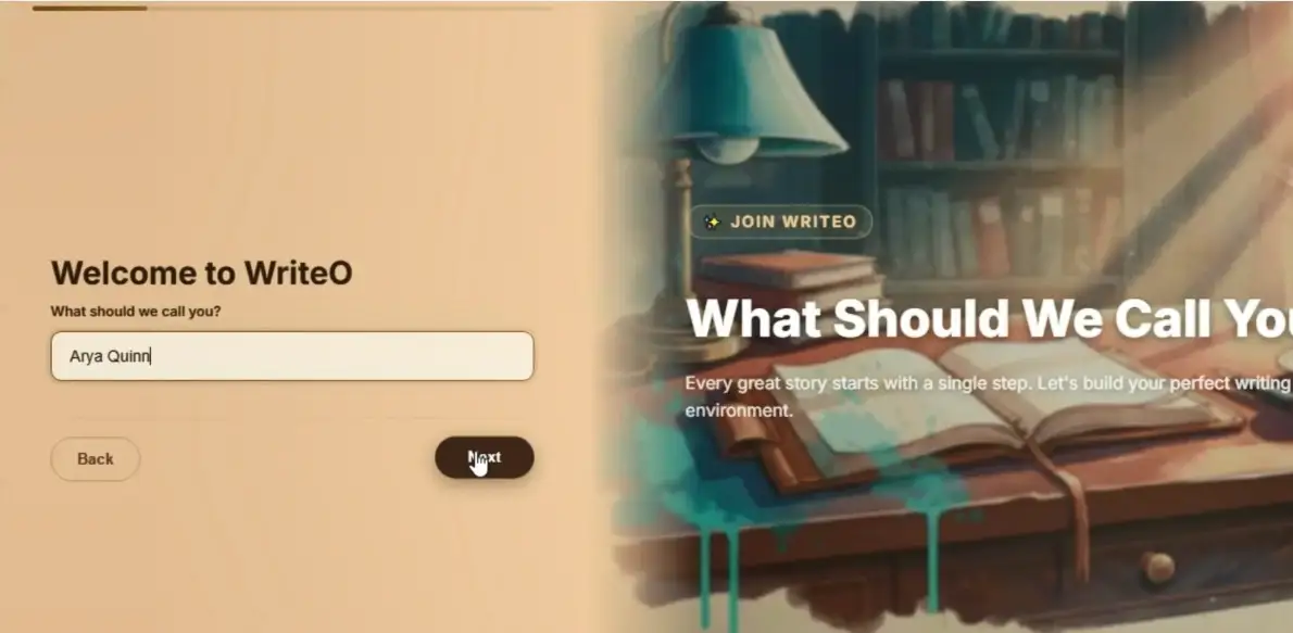 WriteO onboarding wizard name entry step with name field filled in
