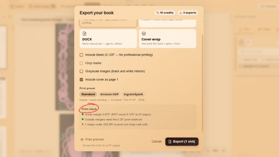 WriteO print check showing margin, spine and image resolution warnings